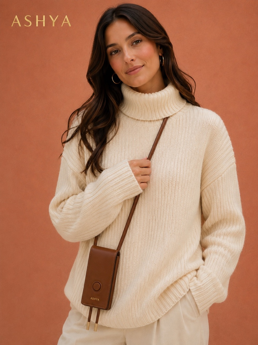 ASHYA Brown Leather Crossbody Phone Bag / Mini Bag